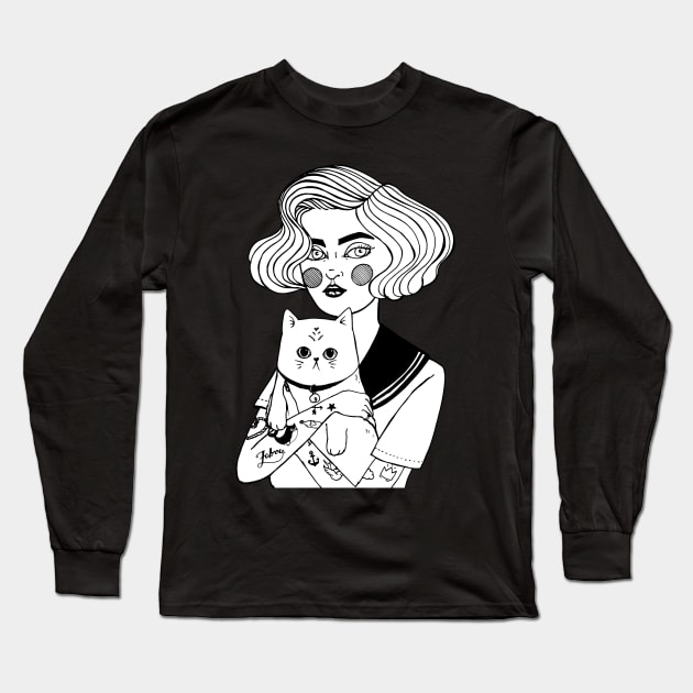 Sailor Girl With Cat Long Sleeve T-Shirt by Fabrr